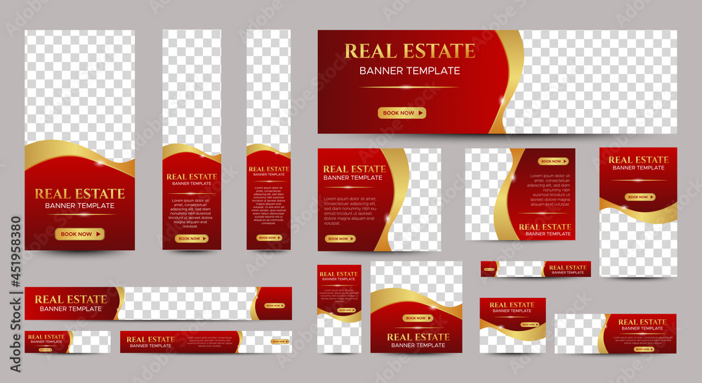 Real Estate web banner design template Set with red background. Vertical, Horizontal and Square banners with standard size and place for photos. Vector design EPS 10	