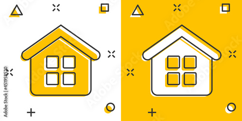 House building icon in comic style. Home apartment vector cartoon illustration pictogram. House dwelling business concept splash effect.