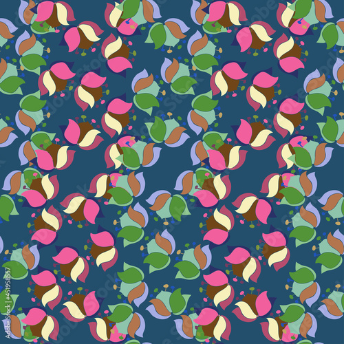Vector seamless colorful design pattern botanical cute spring herbs and flowers in dark tones