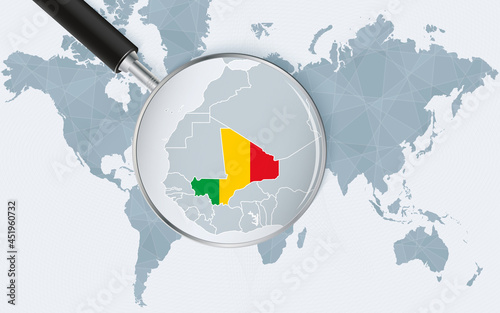World map with a magnifying glass pointing at Mali. Map of Mali with the flag in the loop.
