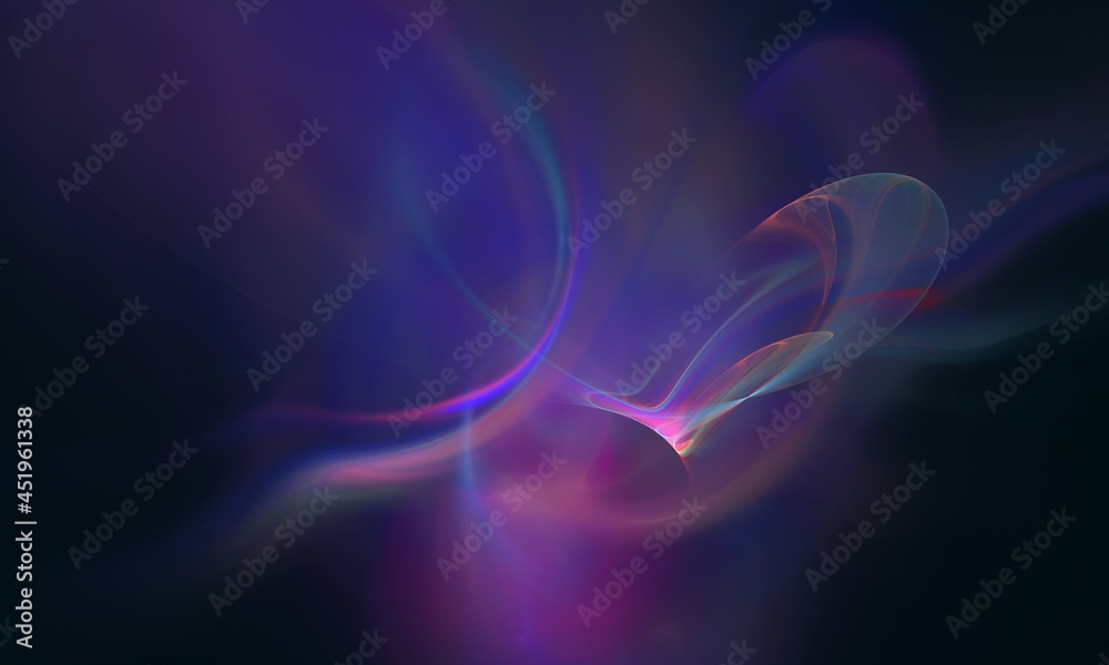 3d violet flame, smoke, spirit or fluid flow with blue and pink glow in dark cosmic space. Festive, decorative, artistic background. Elegant and may be feminine concept. Great as banner, card, cover.