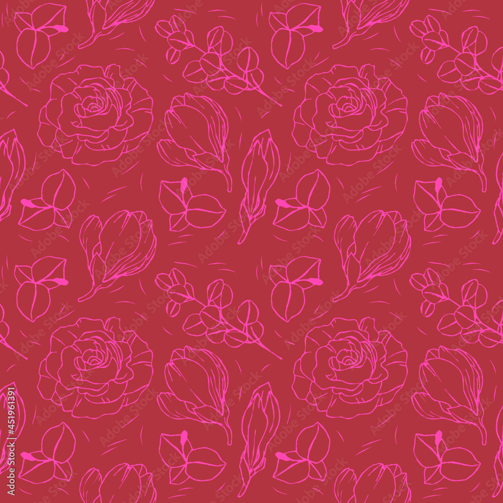 set seamless pattern with leaves ans flowers