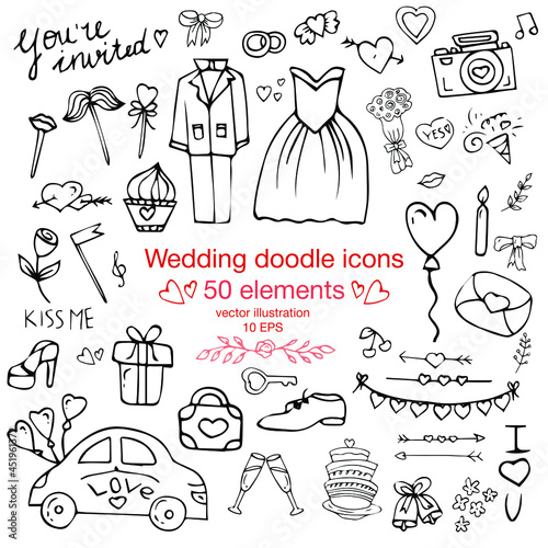 Hand drawn Wedding and Marriage icons. Big set with design elements in sketch style. Black and White colors. Vector illustration.