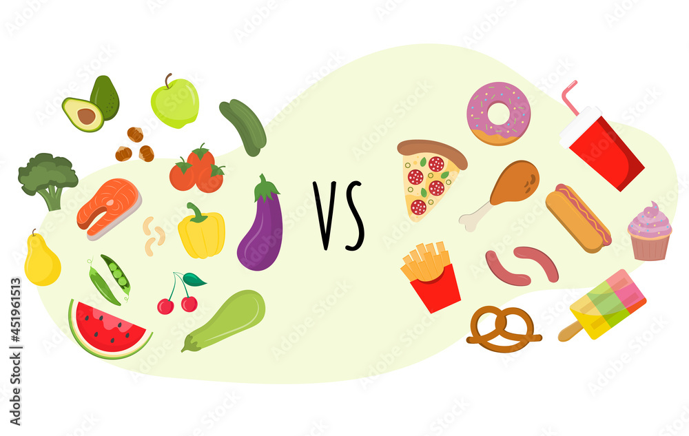 Nutritional balanced meal vs fast food cholesterol. Healthy food vs fastfood. Diet choice. The concept of proper nutrition, healthy fruits and vegetables. Choose what you eat. Eat healthy food.
