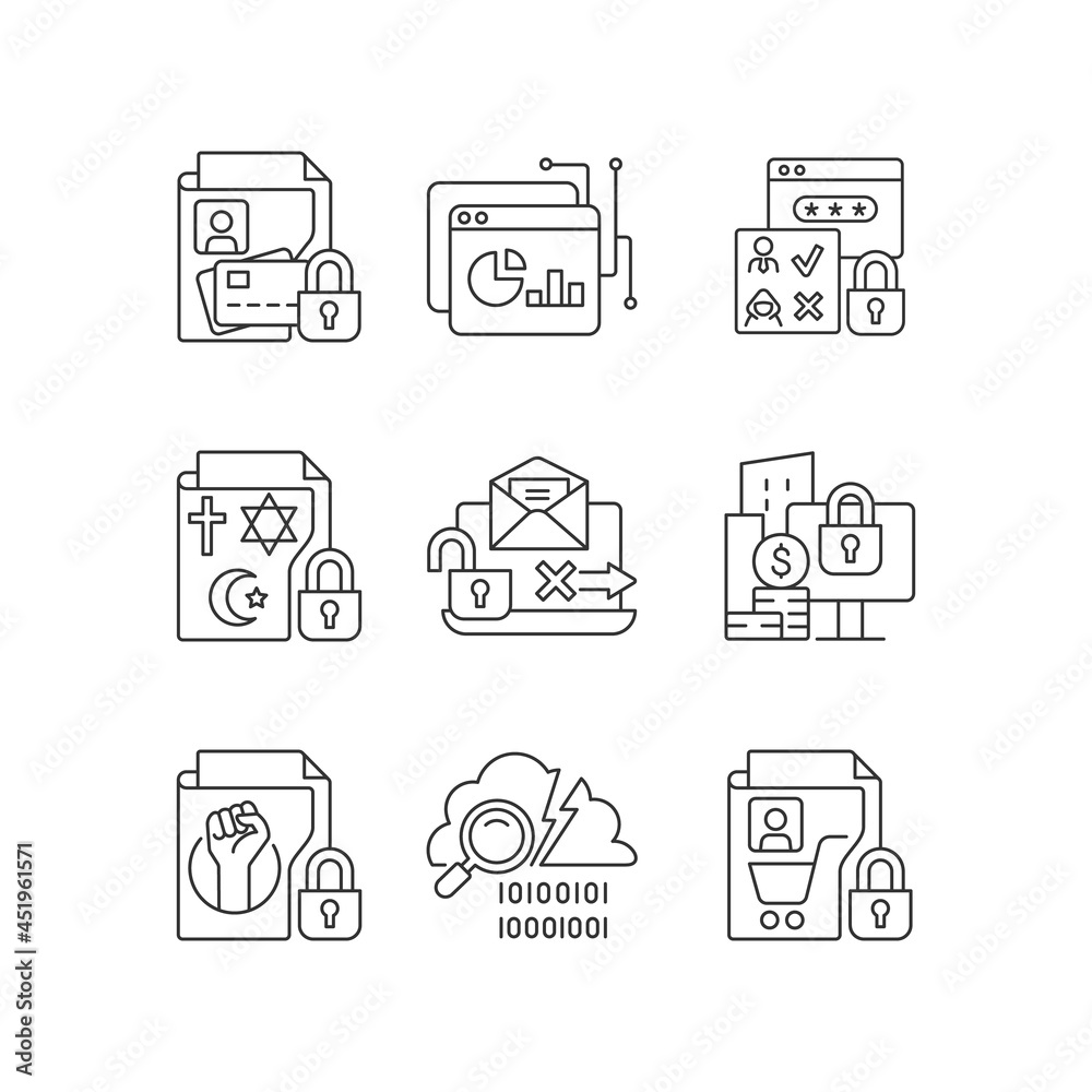 Personal information linear icons set. Financial data. Analytical tool. Authorization. Religious beliefs. Customizable thin line contour symbols. Isolated vector outline illustrations. Editable stroke Personal information linear icons set. Financial data. Analytical tool. Authorization. Religious beliefs. Customizable thin line contour symbols. Isolated vector outline illustrations. Editable stroke