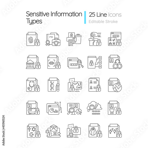 Sensitive information types linear icons set. Cybersecurity measure. Unauthorized disclosure prevention. Customizable thin line contour symbols. Isolated vector outline illustrations. Editable stroke