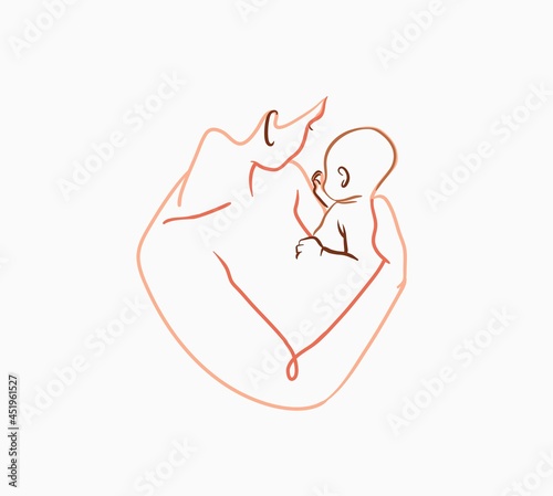 Hand drawn vector abstract stock flat graphic contemporary line art,aesthetic fashion illustration with bohemian,beautiful modern female with a baby in her arms in simple trendy style,for branding.