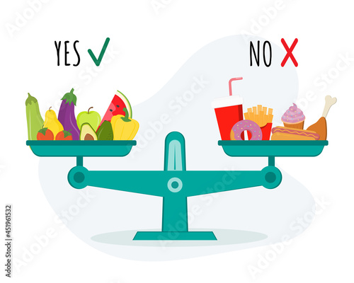Scales with vegetables and healthy food and fast food. Choose between healthy and junk eating. Food choice. Diet decision concept and nutrition. Fast Food vs balanced menu. Healthy nutrition concept.