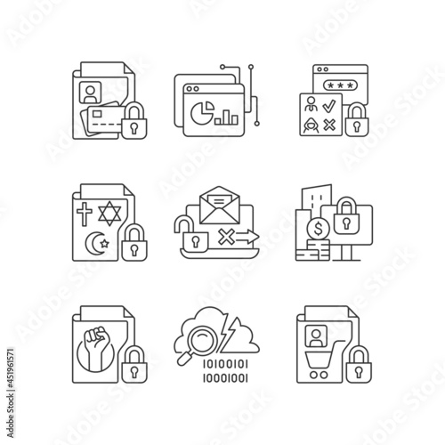 Personal information linear icons set. Financial data. Analytical tool. Authorization. Religious beliefs. Customizable thin line contour symbols. Isolated vector outline illustrations. Editable stroke