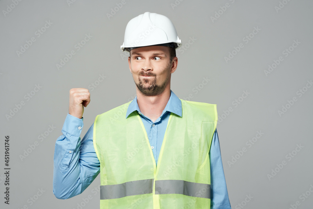 man reflective vest blueprints builder isolated background man reflective vest blueprints builder isolated background