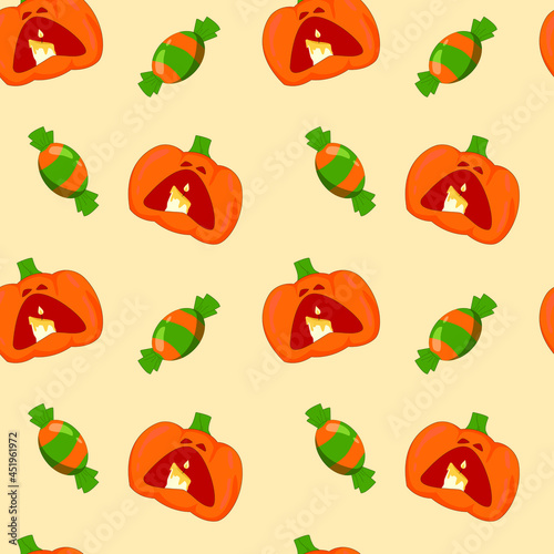 Hand drawn pumpkins and candies seamless pattern