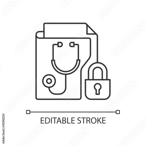 Protected health information linear icon. Medical history security. Preserving patient privacy. Thin line customizable illustration. Contour symbol. Vector isolated outline drawing. Editable stroke