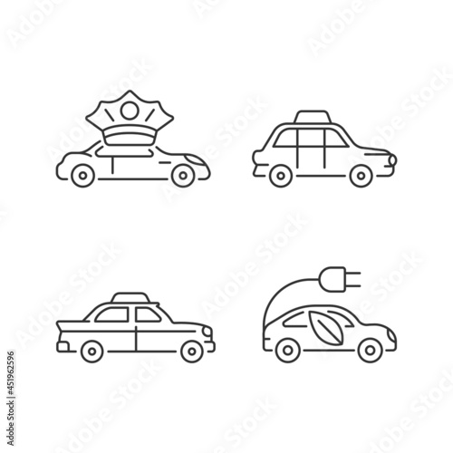 Taxi booking linear icons set. Chauffeur hire. Hackney carriage. Driving car on electric power. Customizable thin line contour symbols. Isolated vector outline illustrations. Editable stroke