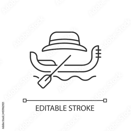 Gondola taxi linear icon. Venetian rowing boat for tourists carrying. Water taxi in Venice. Thin line customizable illustration. Contour symbol. Vector isolated outline drawing. Editable stroke