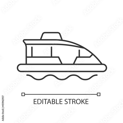 Water taxi linear icon. Traveling across harbour. Water bus. Ferry service. Sightseeing trip. Thin line customizable illustration. Contour symbol. Vector isolated outline drawing. Editable stroke