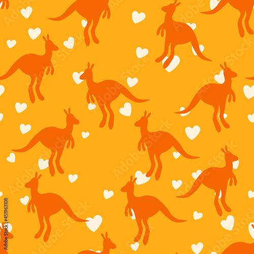 Vector flat illustration with silhouette kangaroo and baby kangaroo on fiery background. Seamless pattern on orange background. Design for card  poster  fabric  textile. Pray for Australia and animals