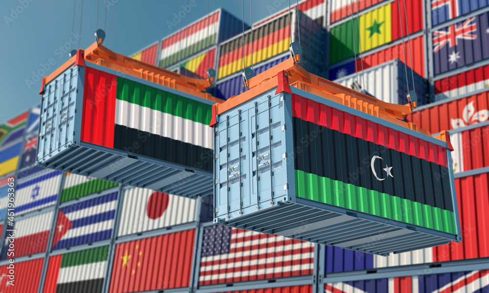 Freight containers with United Arab Emirates and Libya national flags. 3D Rendering 