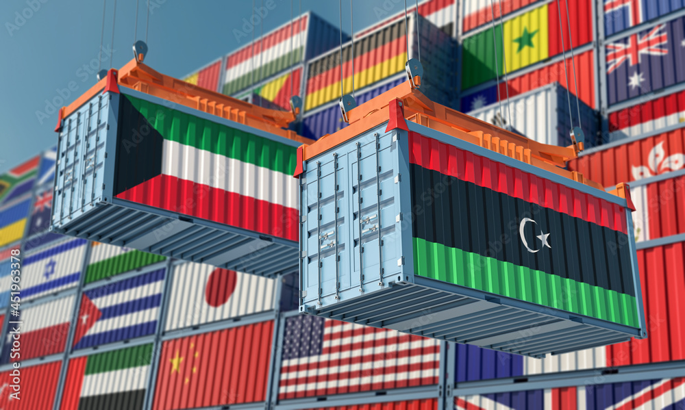 Freight containers with Kuwait and Libya national flags. 3D Rendering 