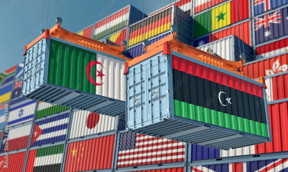 Freight containers with Algeria and Libya national flags. 3D Rendering 
