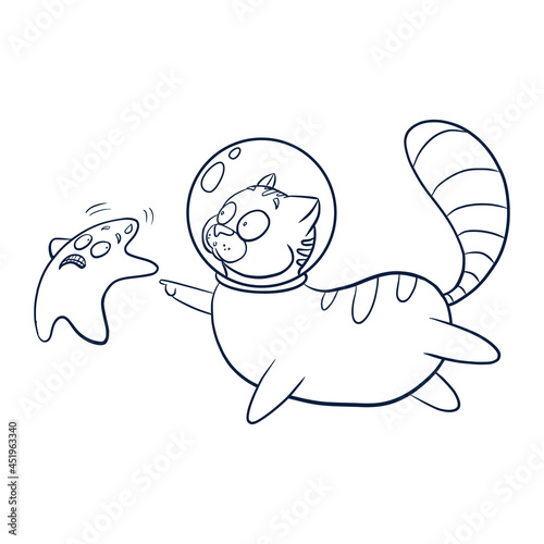 Cat Cosmonaut and Star Illustration. Line Art animal astronaut touching star sketch for logo, coloring book and nursery decor, kids graphic tees, prints and stickers