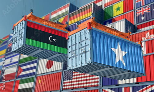 Freight containers with Somalia and Libya national flags. 3D Rendering 