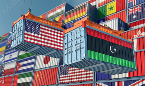 Freight containers with USA and Libya national flags. 3D Rendering 