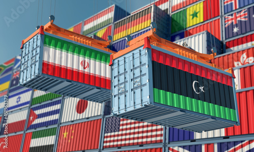 Freight containers with Iran and Libya national flags. 3D Rendering 