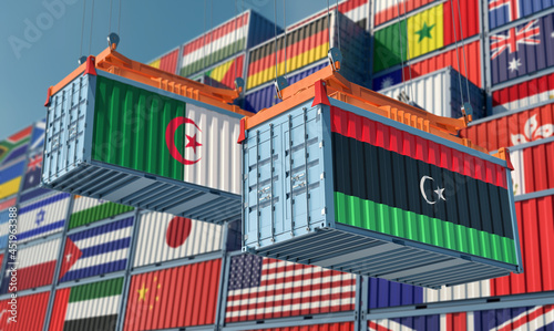 Freight containers with Algeria and Libya national flags. 3D Rendering 