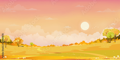 Autumn rarul fields landscape with mountain, orange sky and clouds background,Panorama peaceful nature sunset in fall season with grass land. Cartoon vector illustration backdrop for Autumnal banner