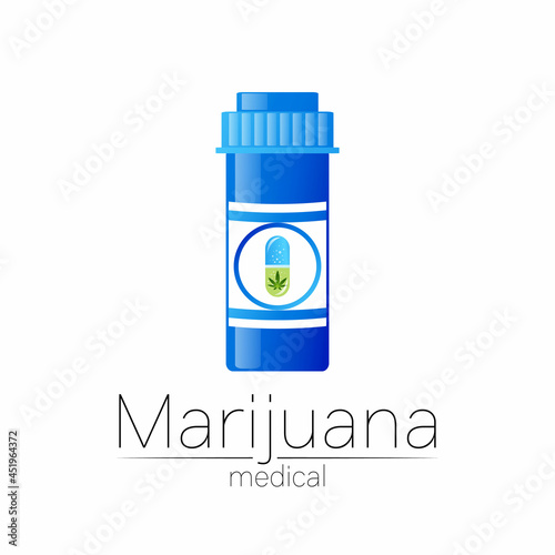 Medical cannabis symbol in vector. Logotype for marijuana, nature herbal medicine, therapy, doctors and store, business. Isolated on white background. Blue and green color. Pill and tablet health care