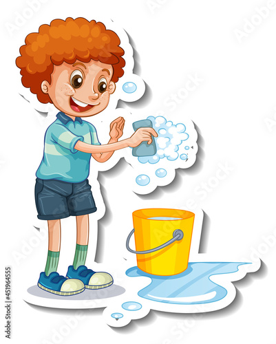 Sticker template with a boy holding a sponge for cleaning isolated