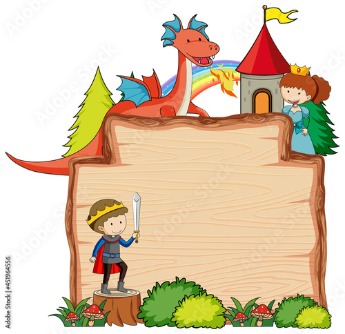 Blank wooden banner with fantasy cartoon character isolated
