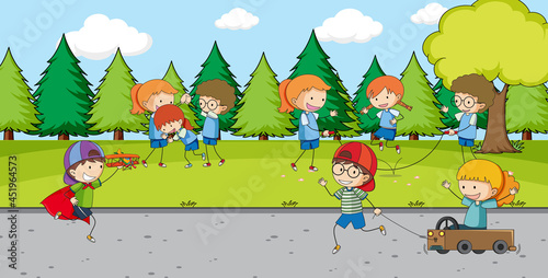 Outdoor park scene with many kids