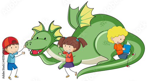 Fototapeta Naklejka Na Ścianę i Meble -  Simple cartoon character of green dragon with many kids isolated