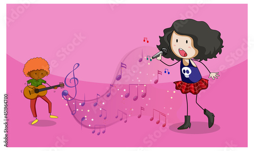 Doodle cartoon character of a singer girl singing with musical melody symbols