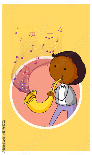 Doodle cartoon character of a man playing saxophone with musical melody symbols
