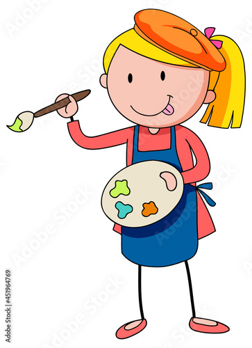 Little artist holding colour palette cartoon character isolated