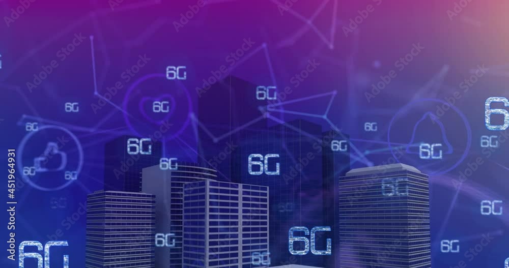 Animation of 6g text over cityscape Animation of 6g text over cityscape