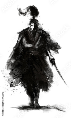 The samurai walking with his hand in his bosom holding a sword . 2D illustration
