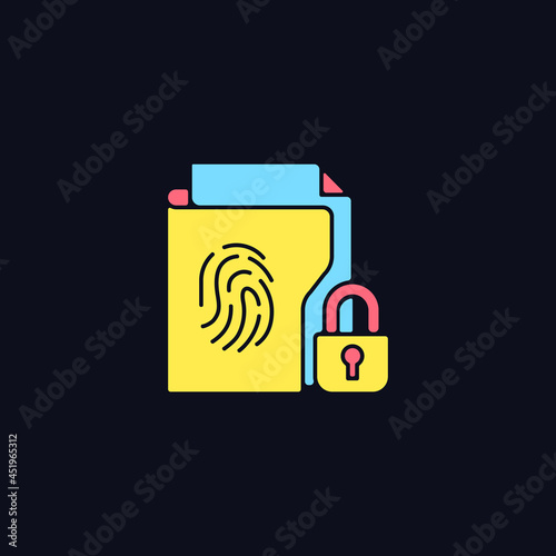 Sensitive information protection RGB color icon for dark theme. Preventing unauthorized access. Isolated vector illustration on night mode background. Simple filled line drawing on black