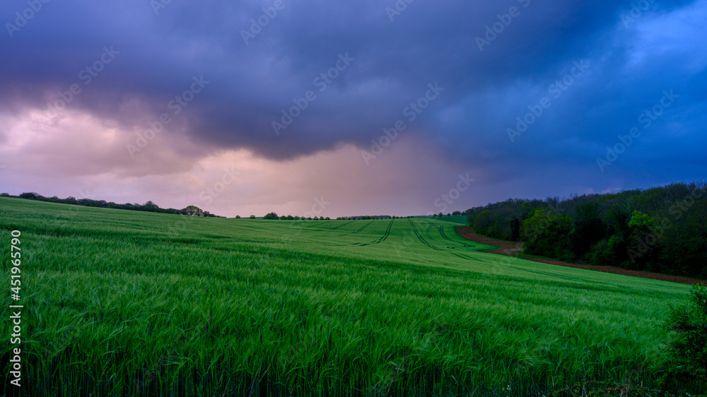Spring storm clouds over Hampshire hills and lanes, South Downs National Park, UK