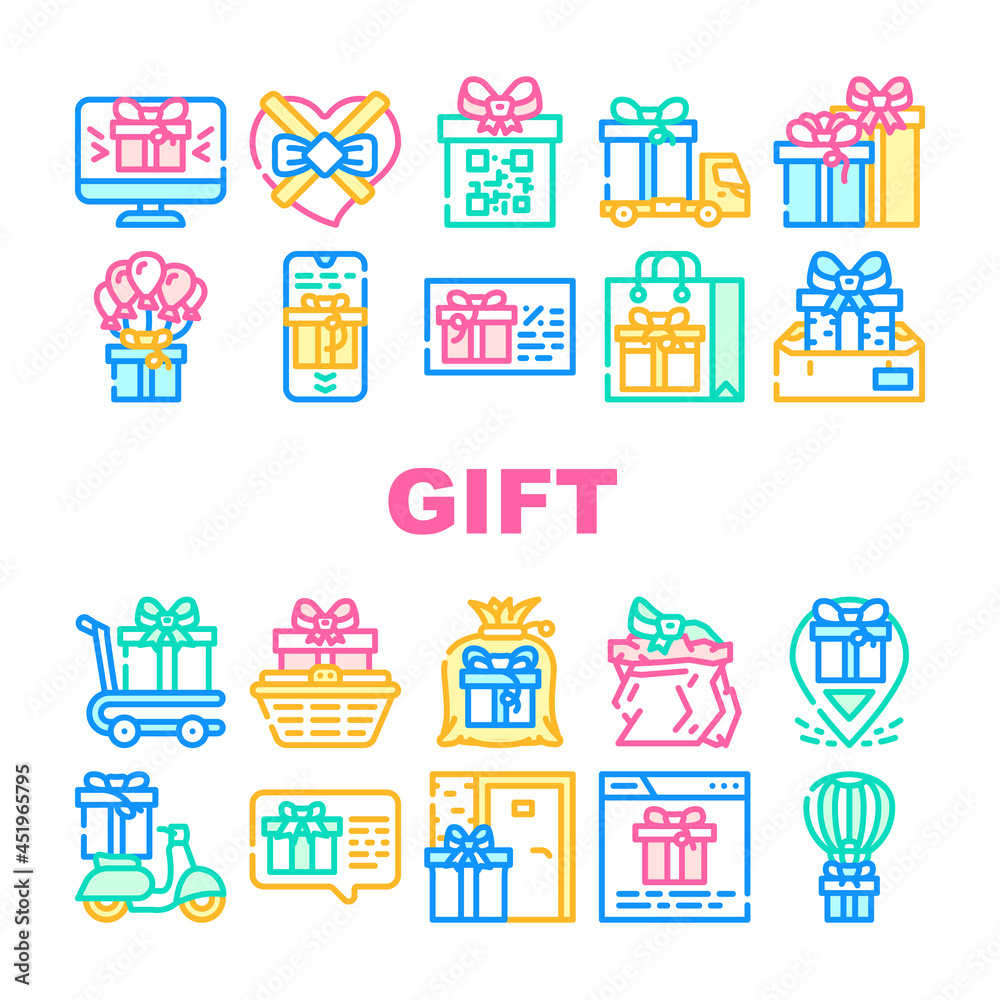 Gift Package Surprise On Holiday Icons Set Vector. Gift Box And Container Packaging, Delivery Service And Carrying, Online Purchase And Discount Coupon Present Line. Color Illustrations
