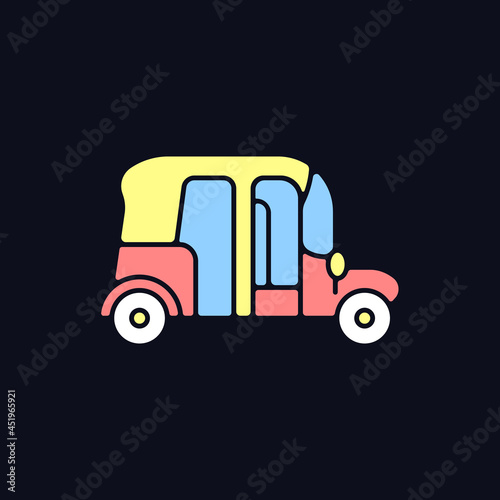 Auto rickshaw RGB color icon for dark theme. Three-wheeler taxi. Passenger car equivalent. Thailand tuk-tuk. Isolated vector illustration on night mode background. Simple filled line drawing on black