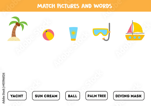 Matching summer pictures and the words. Educational game for kids.