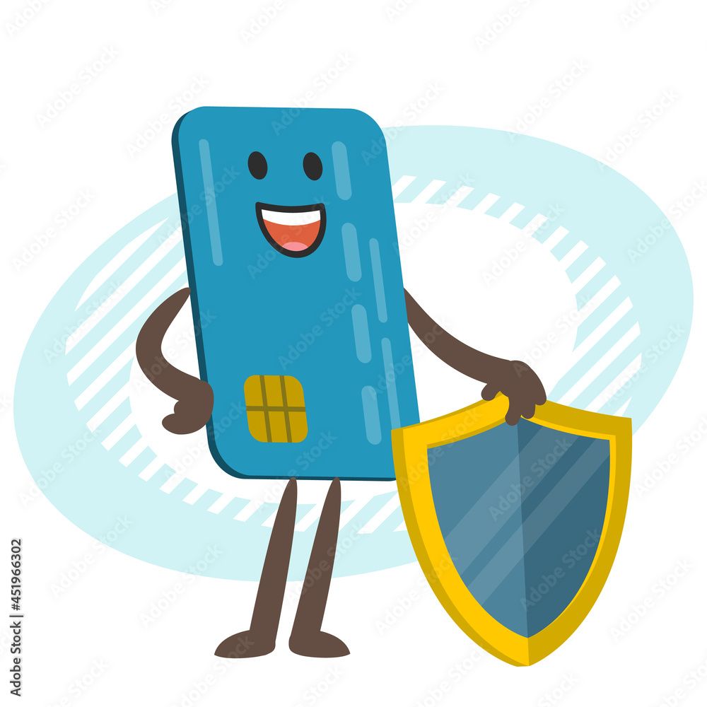 Cartoon Credit Card Character with a shield Cartoon Credit Card Character with a shield
