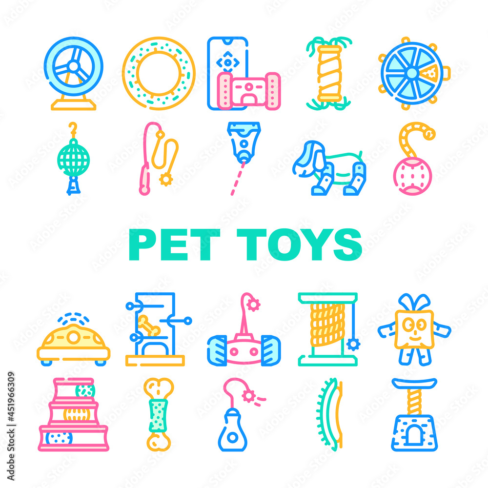 Pet Toys For Enjoyment Animal Icons Set Vector. Hamster Wheel And Inflatable Couch For Dog, Interactive Digital Pet Toys And Electronic Laser Gadget For Playing Line. Color Illustrations Pet Toys For Enjoyment Animal Icons Set Vector. Hamster Wheel And Inflatable Couch For Dog, Interactive Digital Pet Toys And Electronic Laser Gadget For Playing Line. Color Illustrations