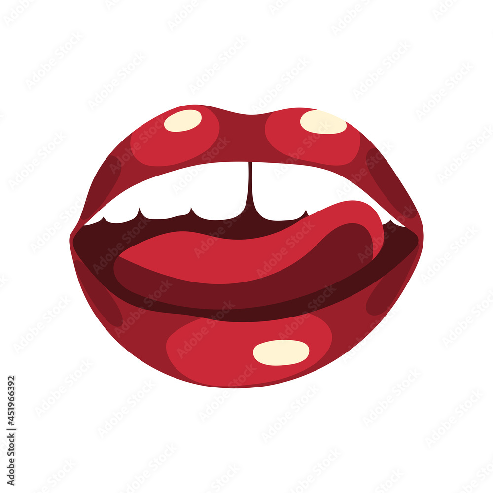 Red juicy sexy female lips with an open mouth with a tongue and white teeth.