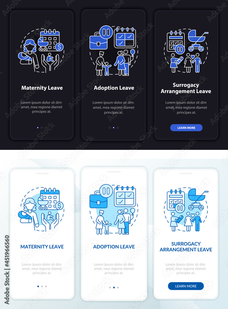 Maternity leave types dark, light onboarding mobileapp page screen. Walkthrough 3 steps graphic instructions with concepts. UI, UX, GUI vector template with linear night and day mode illustrations