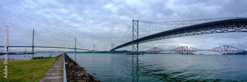 The Forth Crossings - the Forth Rail Bridge and the two road bridges - from South Queensferry, Scotland