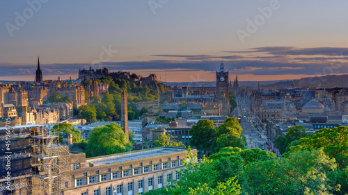 Summer evening and twilight view over the city of Edinburgh from Calton Hill, Edinburgh, Scotland